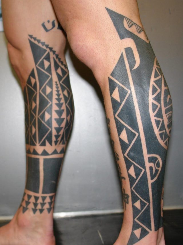 Matching aztec leg tattoo for men