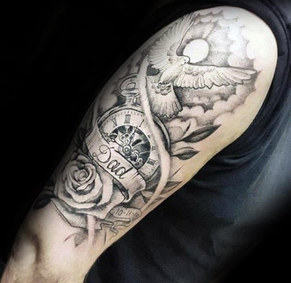 Memorial dad mens upper arm tattoo with flying dove and rose flower