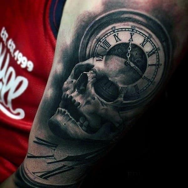 Mens 3d skull and clock roman numeral arm sleeve tattoos