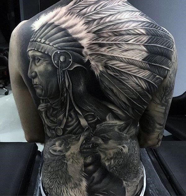 Mens badass native american indian themed full back tattoos