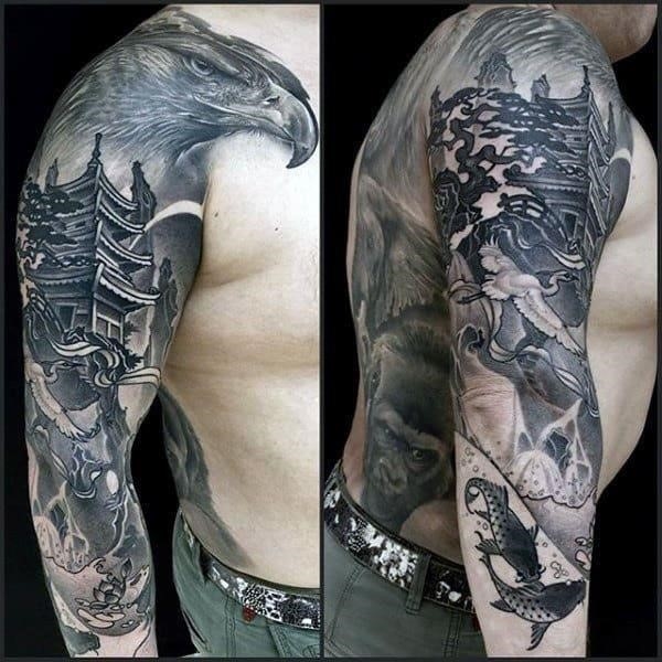 Mens eagle black ink sleeve tattoo