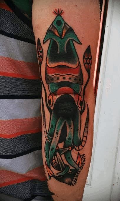 Mens elbow tattoos colorful squid