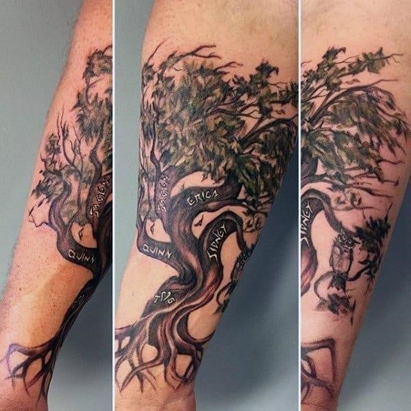 Mens forearm carved family tree tattoo designs