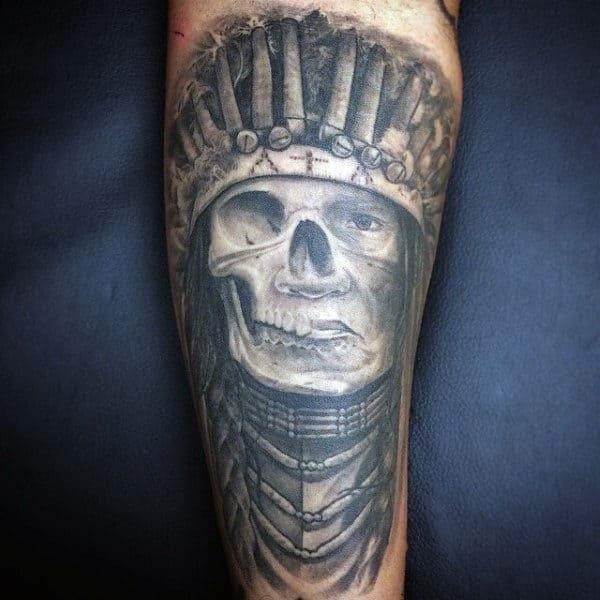 Mens forearms one eyed native american skull tattoo