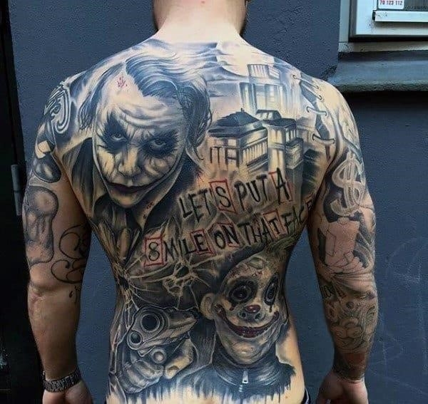 Mens full back joker themed tattoo designs