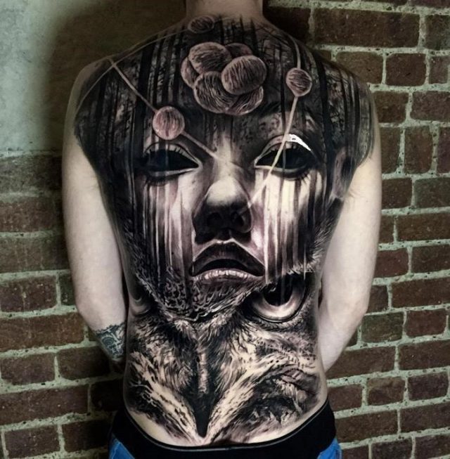 Mens full back tattoo owl face