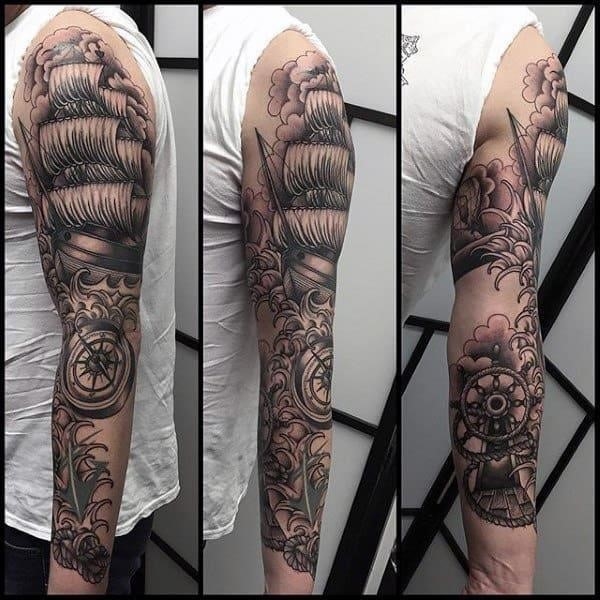 Mens full sleeves sick tattoo of ship and anchor