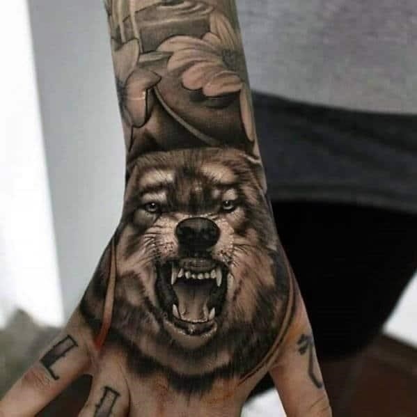 Mens hands angry wolf 3d tattoo