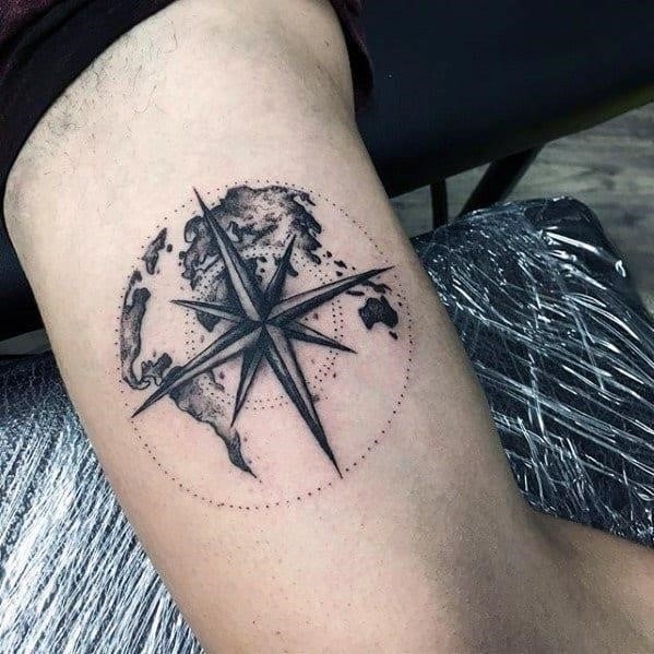Mens inner arm bicep simple nautical star map tattoo design ideas