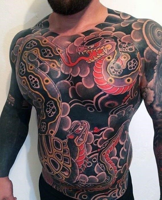 Mens japanese snakes full chest tattoo