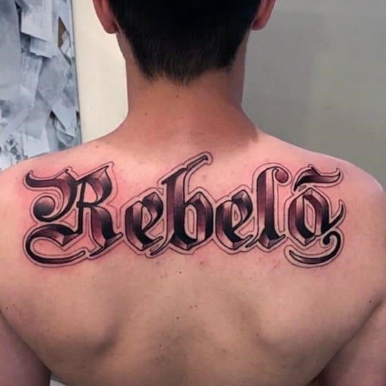 Mens last name rebelo old english upper back tattoo designs