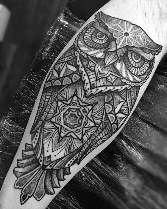 Mens leg detailed geometric owl tattoo designs