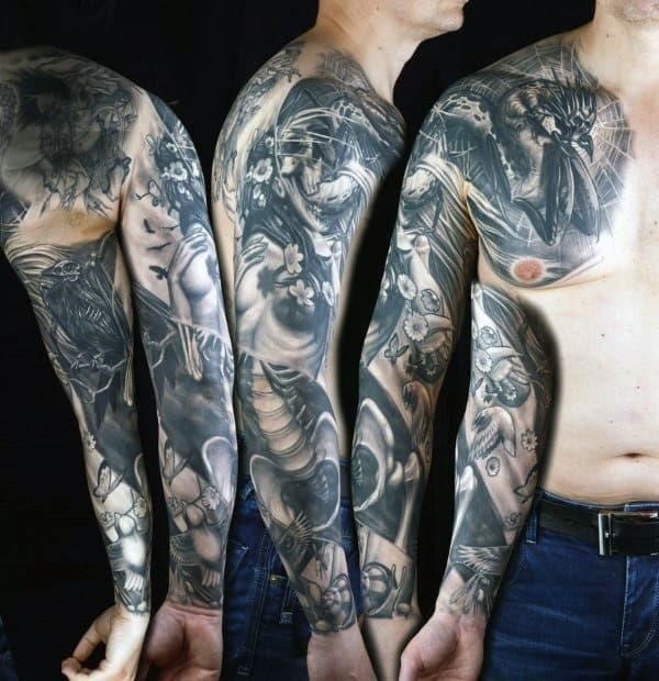 Mens life and death skeleton and female tattoo full sleeve