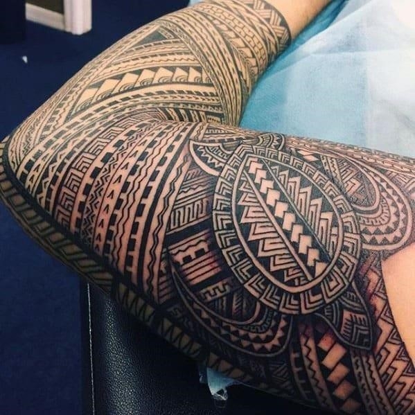 Mens polynesian tribal turtle sleeve tattoos