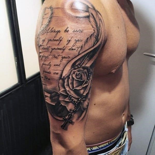 Mens rosary tattoos arm with religious quote