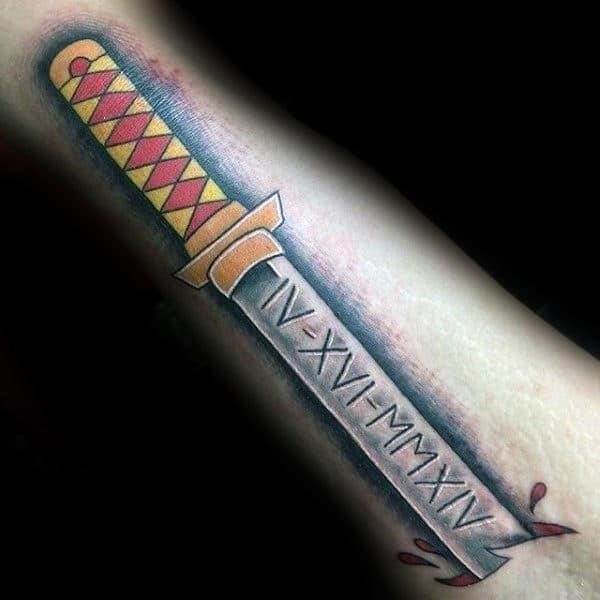 Mens samurai sword roman numeral tattoo on forearm