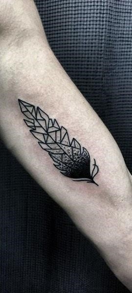 Mens small black feather tattoo forearms