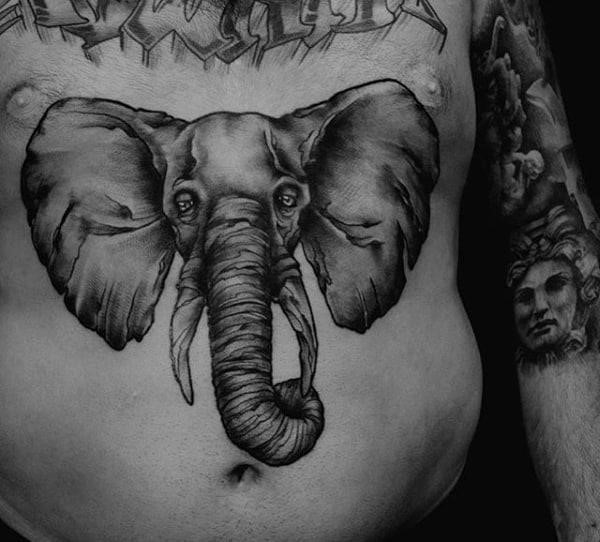 Mens stomach tattoo of elephant with shading work