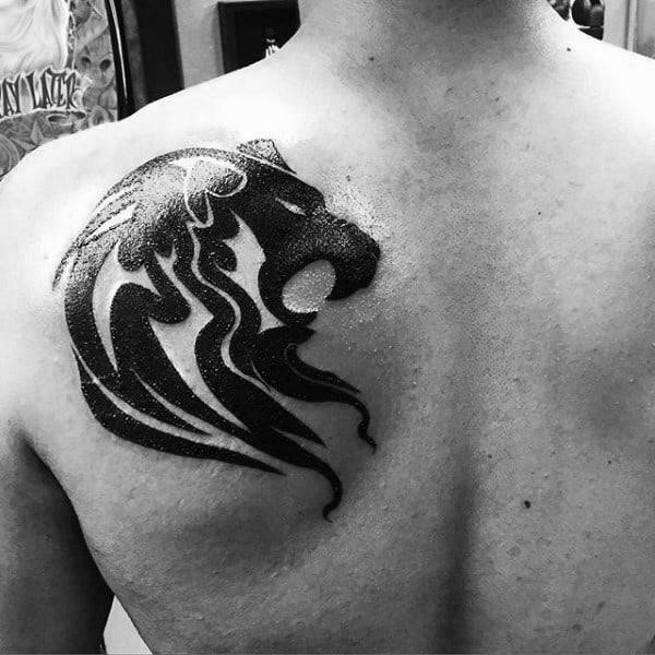 Mens tribal lion shoulder tattoo