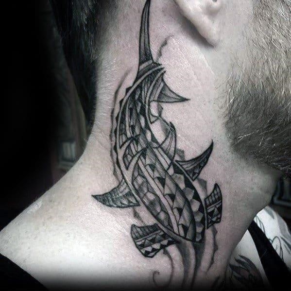 Mens tribal shark polynesian side of neck tattoo ideas