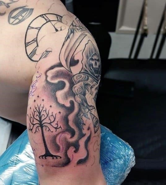 Mens triceps ghoul and dotted tree tattoo