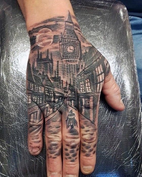 Mens unique city downtown street tattoo on hand