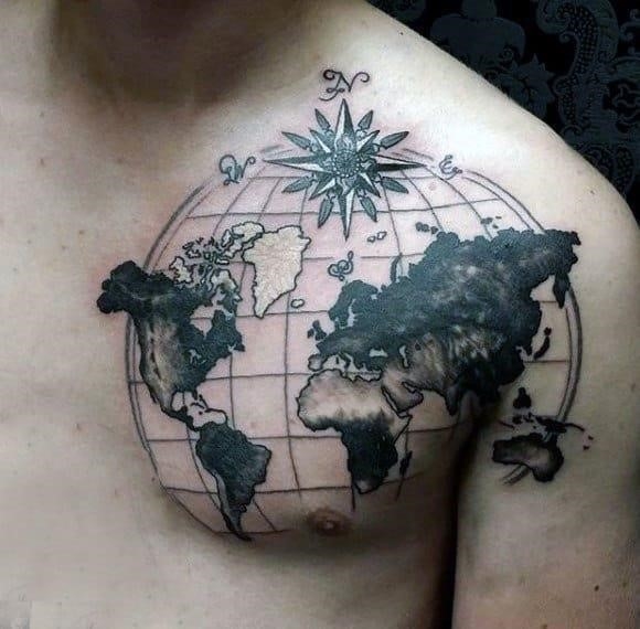 Mens world map tattoo on chest