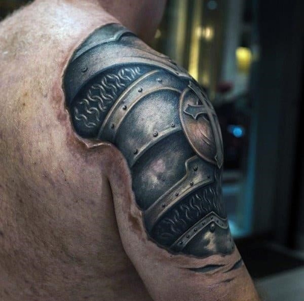 Metallic protection guys quarter sleeve tattoo
