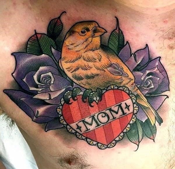 Mom memorial mens chest tattoo with bird and purple rose flowers