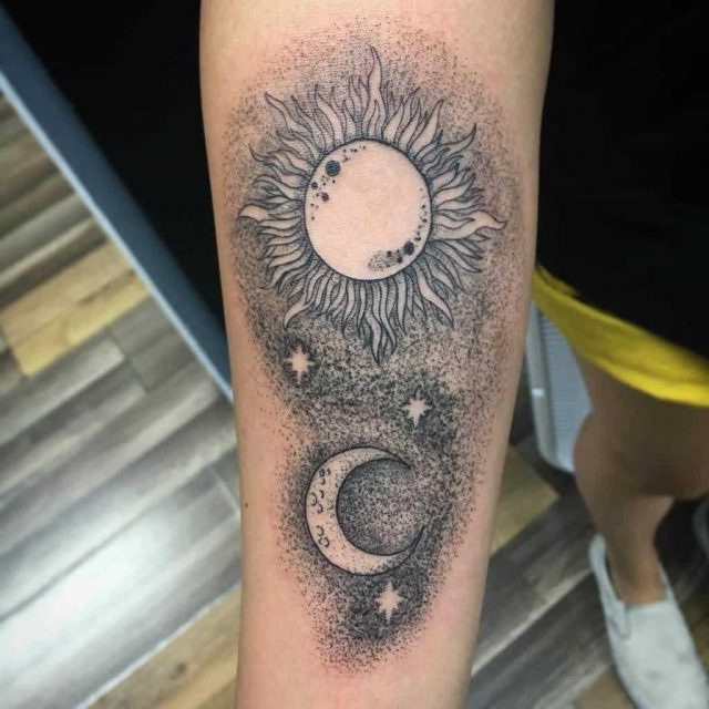 Moon sun dotwork technical semicolon tattoo