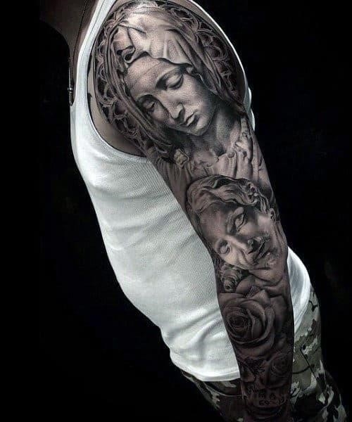 Mother mary christian sleeve tattoos for men