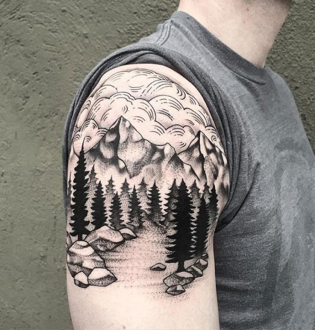 Mountains trees linework