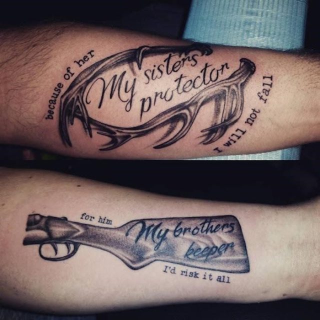 My sisters protector with deer horns forearm tattoos brother sister matching tattoos my brothers keeper with rifle