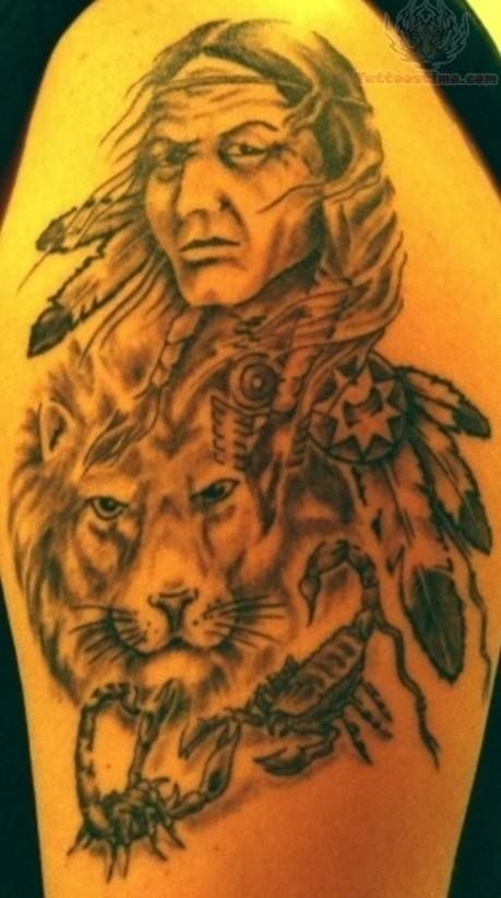Native american and lion tattoo