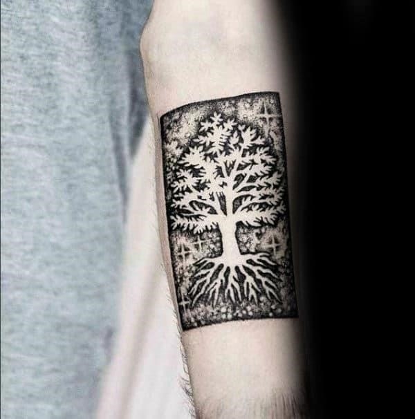 Negative space mens inner forearm tattoo designs