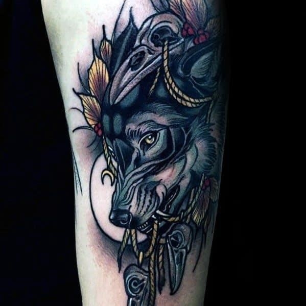 Neo traditional wolf mens tattoos