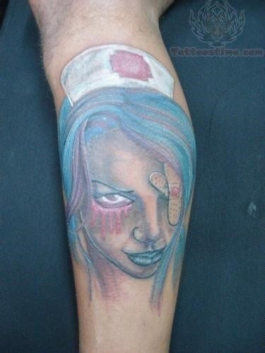 Nurse head tattoo on back leg