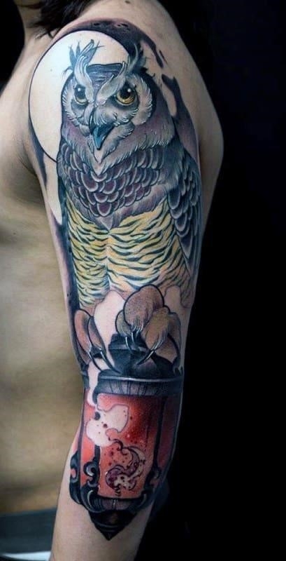 Old school owl mens tattoo half sleeve