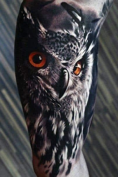 Orange eyed owl mens realistic arm quarter sleeve tattoo
