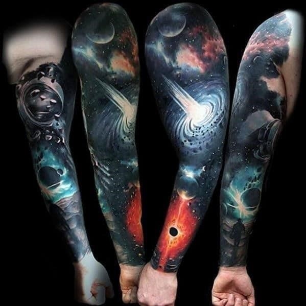 Outer space mens unbelievable sleeve tattoo with 3d design