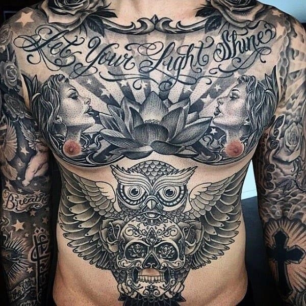 Owl guy stomach tattoos
