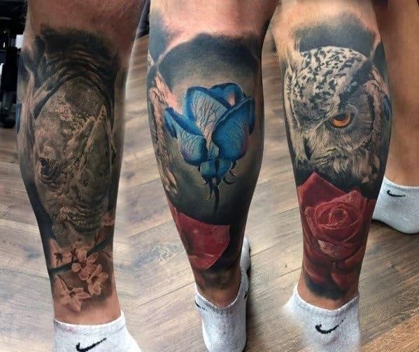 Owl mens leg tattoos
