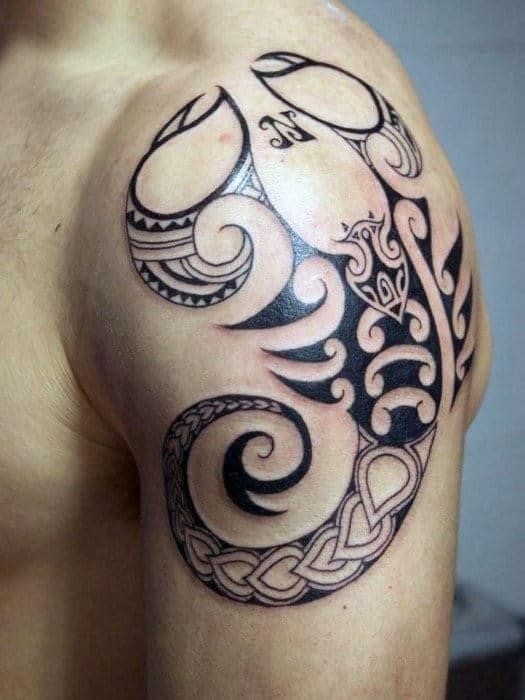 Pattern male scorpion tribal arm tattoos