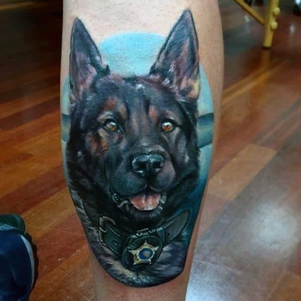 Police dog portrait mens back of leg tattoos