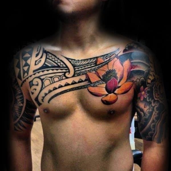 Polynesian tribal lotus flower mens chest tattoos