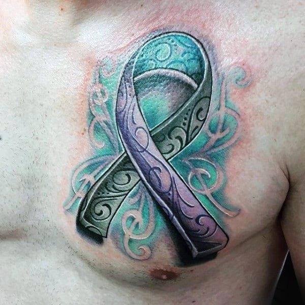 Praying hands mens breast cancer ribbon tattoo on upper chest