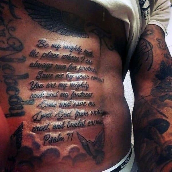 Psalm religious quote mens stomach side tattoos