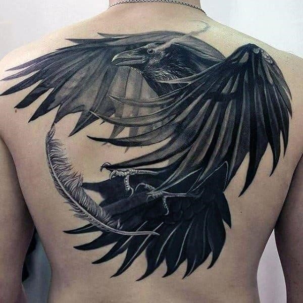 Raven 3D tattoo with angel feather on back for men