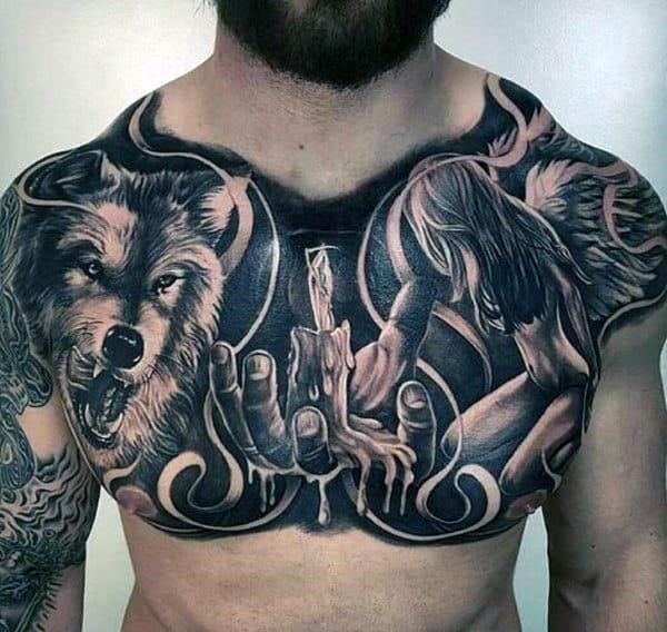 Realistic 3d hand holding candle with wolf and angel mens chest tattoo