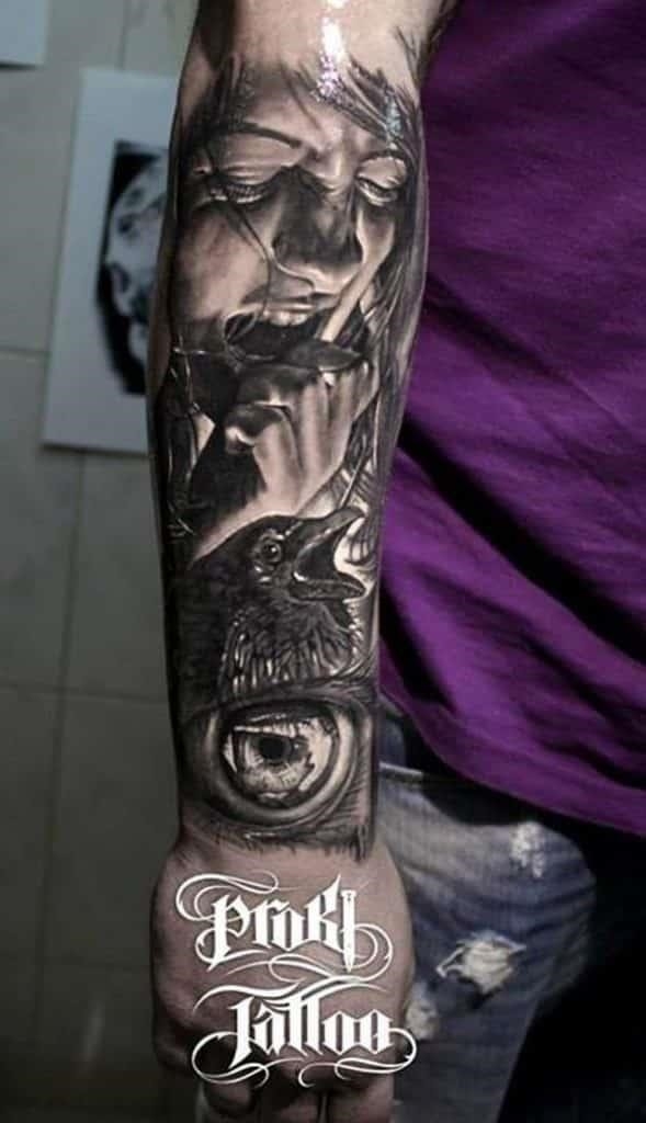 Realistic forearm black white tattoo 589×1024